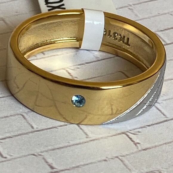 Men's Gold and Silver Ring Band with Aqua Stone size 10 - Picture 1 of 6
